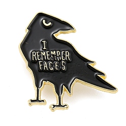 Negro Cuervo con palabra recuerdo caras alfileres de esmalte, Broches pintados de aleación de zinc dorado para ropa de mochila, negro, 31x31x1.5 mm