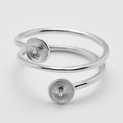 Platinum Rhodium Plated 925 Sterling Silver Finger Ring Components, For Half Drilled Beads, Platinum, Tray: 5.5mm, 16.5mm, Pin: 0.7mm