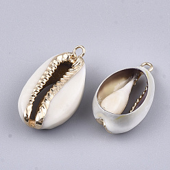 Cowrie Shell Electroplate Cowrie Shell Pendants, with Iron Findings, Light Gold, 23~26x12~15x7~8mm, Hole: 1.8mm