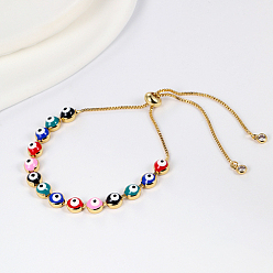 Mixed Color Brass Evil Eye Link Chains Slider Bracelet, Adjustable Bracelet, Mixed Color, Inner Diameter: 2-3/8~2-3/4 inch(6~7cm)