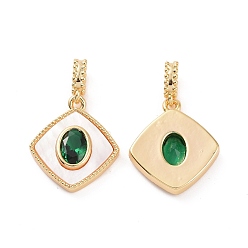 Real 18K Gold Plated Brass Shell Pendants, Rhombus Charms, with Green Glass, Real 18K Gold Plated, 18x16x3mm, Hole: 2.5x4mm