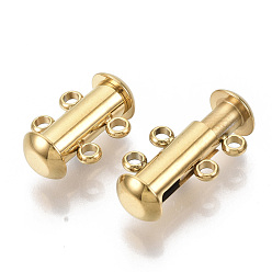 Golden 201 Stainless Steel Slide Lock Clasps, Peyote Clasps, 2 Strands, 4 Holes, Tube, Golden, 15x10x6.5mm, Hole: 1.6mm