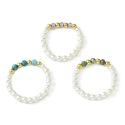 Couleur Mélangete 3 pcs 3 style perles naturelles et agate mousse et anneaux extensibles en perles d'apatite, anneaux empilables, couleur mixte, diamètre intérieur: 20 mm, 1 pc / style