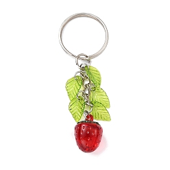 Fraise Porte-clés pendentif acrylique, avec breloques feuilles et porte-clés en fer, fraise, 7.5 cm, pendentif: 50x12.5 mm