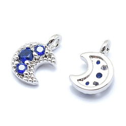 Real Platinum Plated Brass Charms, with Cubic Zirconia, Lead Free & Cadmium Free & Nickel Free, Moon, Blue, Real Platinum Plated, 11x7x3mm, Hole: 1.5mm
