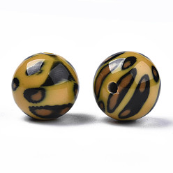 Verge D'or Perles acryliques bicolores, avec motif léopard, pierre d'imitation, ronde, verge d'or, 19.5x19mm, Trou: 2.5mm
