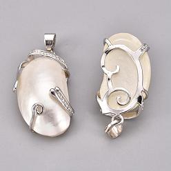 White Shell Natural White Shell Mother of Pearl Shell Pendants, with Platinum Plated Brass Findings, 35~46x18~26x10~12mm, Hole: 6x4mm