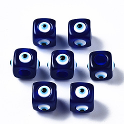 Dark Blue Resin European Beads, Large Hole Beads, Cube with Evil Eye, Dark Blue, 14x14x11mm, Hole: 6mm