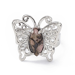 Rhodonite Natural Rhodonite Butterfly Adjustable Ring, Platinum Brass Jewelry for Women, Cadmium Free & Lead Free, US Size 8 1/2(18.5mm)
