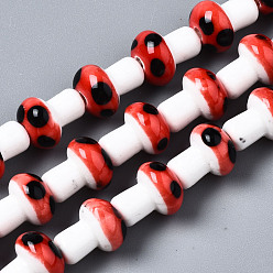 Red Handmade Porcelain Ceramic Beads Strands, Mushroom, Red, 12x10mm, Hole: 1.5mm, about 25pcs/strand, 11.81 inch(30cm)