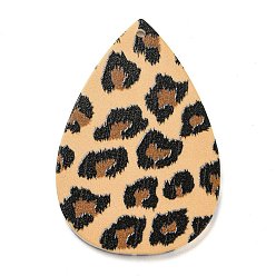 Bois Solide Pendentifs acryliques opaques, larme avec motif léopard, burlywood, 44.5x30x2.5mm, Trou: 1.8mm