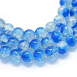 Bleu Royal Cuisson peint verre craquelé transparent brins de perles rondes, bleu royal, 8.5~9mm, Trou: 1.5mm, Environ 105 pcs/chapelet, 31.8 pouce