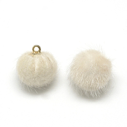 Floral White Faux Mink Fur Covered Charms, with Golden Tone Brass Findings, Round, Floral White, 17x14~15mm, Hole: 2mm