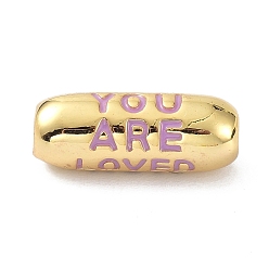 Plum Eco-Friendly Brass Enamel Beads, Long-Lasting Plated, Real 18K Gold Plated, Oval with Word You Are, Plum, 17.5x7mm, Hole: 3mm