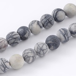 Netstone Hebras de piedra de seda negra natural redonda / cordones de perlas de piedra de netstone, 8 mm, agujero: 1 mm, sobre 46 unidades / cadena, 15.1 pulgada