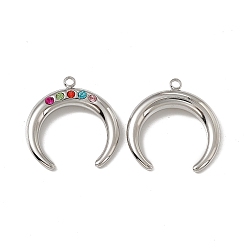 Stainless Steel Color 201 Stainless Steel Pendants, Colorful Rhinestone Double Horn/Crescent Moon Charms, Stainless Steel Color, 23x22x4.5mm, Hole: 1.8mm
