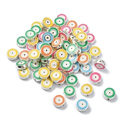 Mixed Color Alloy Enamel Beads, Silver, Flat Round with Evil Eye, Mixed Color, 10.5x4mm, Hole: 1.2mm