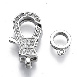 Real Platinum Plated Brass Micro Pave Clear Cubic Zirconia Lobster Claw Clasps, with Bail Beads/Tube Bails, Nickel Free, Real Platinum Plated, 23x11x5mm, Hole: 2mm