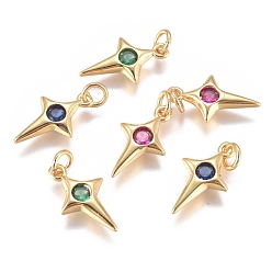 Mixed Color Brass Micro Pave Cubic Zirconia Charms, with Jump Ring, Long-Lasting Plated, Twinkling Star, Golden, Mixed Color, 14x7x2.5mm, Hole: 3mm