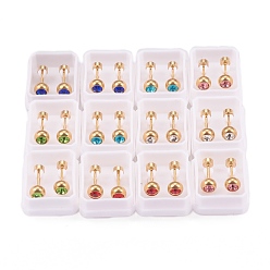 Mixed Color 304 Stainless Steel Earlobe Plugs, Screw Back Earrings, with Rhinestone, Rondelle, Golden, Mixed Color, 13.5mm, Pin: 1mm