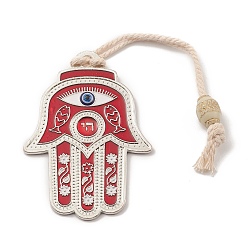 Rouge Hamsa main/main de miriam avec des décorations de pendentif en résine d'alliage de mauvais œil, ornements suspendus à pompons en jute, argent antique, rouge, 210mm