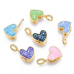 Mixed Color Brass Micro Pave Clear Cubic Zirconia Locket Pendants, with Natural Abalone Shell/Paua Shell, Dyed, Nickel Free, Real 18K Gold Plated, Heart Charm, Mixed Color, 17x17x8mm, Hole: 4x5.5mm