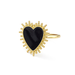 Negro Anillo de sello con corazón esmaltado ajustable, joyas de latón chapado en oro real 18k para mujer, sin plomo y el cadmio, negro, diámetro interior: 17 mm