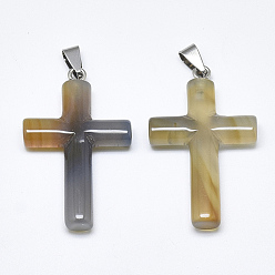 Grey Agate Natural Grey Agate Pendants, with Stainless Steel Snap On Bails, Cross, Stainless Steel Color, 44~46x28x8mm, Hole: 3~4x7~8.5mm