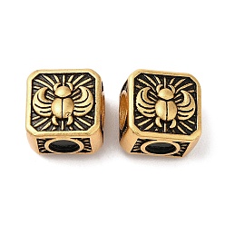 Antique Golden Rack Plating Brass European Beads, Large Hole Beads, Long-Lasting Plated, Matte Style, Square with Insect, Antique Golden, 10.5x10.5x8.5mm, Hole: 4mm