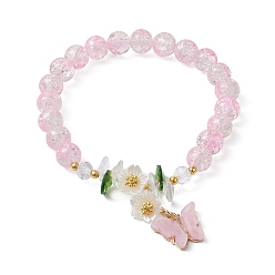 Pink Bracelet extensible perles rondes en verre, bracelet à breloques en alliage acrylique papillon et fleur en verre, rose, diamètre intérieur: 2-1/8 pouce (5.4 cm)