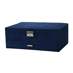 Prussian Blue Velvet & Wood Jewelry Boxes, Portable Jewelry Storage Case, with Alloy Lock, for Ring Earrings Necklace, Rectangle, Prussian Blue, 27.3x19.5x10.3cm