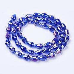 Medium Blue Electroplate Glass Beads Strands, AB Color Plated, Faceted Teardrop, Medium Blue, 7x5mm, about 65~67pcs/strand, 18~18.5 inch(45.5~46.9cm)