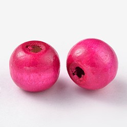 Deep Pink Natural Wood Beads, Dyed, Round, Lead Free, Deep Pink, 10x8.5mm, Hole: 3.5mm, about 3000pcs/1000g