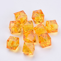 Orange Perles acryliques transparentes, facette, cube, orange, 10x10x8mm, trou: 1.5 mm, environ 900 pcs / 500 g