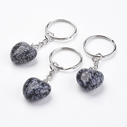 Snowflake Obsidian Natural Snowflake Obsidian Keychain, with Platinum Iron Findings, Heart, 72mm