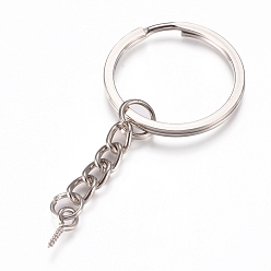 Platinum Iron Split Key Rings, Keychain Clasp Findings, with Curb Chains and Peg Bails, Platinum, 67mm