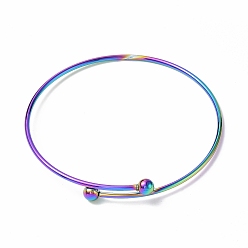 Rainbow Color Placage ionique (ip) réglable 304 fabrication de bracelets de manchette en fil d'acier inoxydable, avec boule inamovible, couleur arc en ciel, diamètre intérieur: 2-3/4 pouce (7.1 cm)