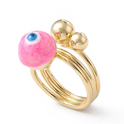 Pearl Pink Enamel Round with Evil Eye Finger Rings, Real 18K Gold Plated Brass Wrap Style Ring for Women, Pearl Pink, 5.5~19.5mm, Inner Diameter: 18mm