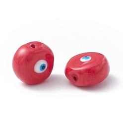 FireBrick Glass Beads, with Enamel, Flat Round with Evil Eye Pattern, FireBrick, 14~14.5x9mm, Hole: 1.2mm
