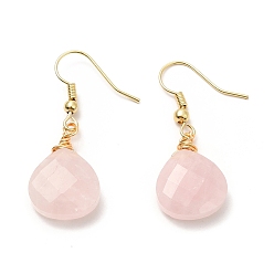 Quartz Rose Boucles d'oreilles en forme de goutte de quartz rose naturel, bijoux en laiton doré pour femme, 36~37.5mm, pin: 0.6 mm