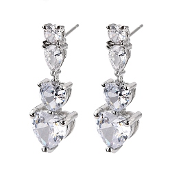 Platinum Heart Clear Cubic Zirconia Drop Earring, Dainty Dangle Stud Earrings for Her, Cadmium Free & Lead Free, Platinum, 28.5mm, Pin: 0.8mm