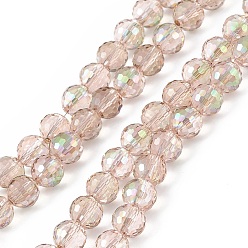 Pink Transparent Electroplate Glass Beads Strands, Faceted(96 Facets), Round, Half Rainbow Plated, Pink, 7.5~8x7mm, Hole: 1.2mm, about 70~72pcs/strand, 20.08~20.47 inch(51~52cm)