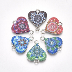 Colorful Printed Alloy Links connectors, with Enamel, Heart, Platinum, Mixed Color, 20x16.5x2mm, Hole: 1.8mm