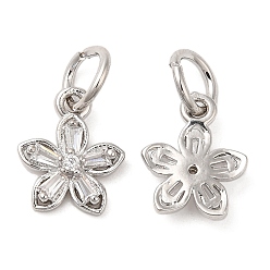 Platinum Rack Plating Brass Pave Clear Cubic Zirconia Flower Charms, with Jump Ring, Long-Lasting Plated, Lead Free & Cadmium Free, Platinum, 11x9x2.5mm, Hole: 4mm