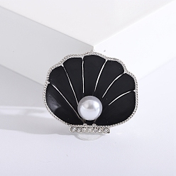 Negro Broches de esmalte de aleación, alfiler de perlas y diamantes de imitación de plástico, joyas para mujeres, cáscara, negro, 33x38 mm