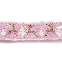 Pink Christmas Theme Wired Linen Ribbon, Fuzzy Edged Ribbon, Deer & Christmas Tree Print, Pink, 2-1/2 inch(65mm), about 10.94 Yards(10m)/Roll