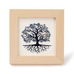 Lapis Lazuli Tree of Life Natural Lapis Lazuli Chips Picture Frame Stand, with Wood Square Frame, Feng Shui Money Tree Picture Frame Home Office Decoration, 66x130x120mm, Inner Diameter: 90x90mm