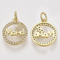 Real 18K Gold Plated For Mother's Day, Brass Micro Pave Cubic Zirconia Pendants, with Jump Rings, Flat Round with Word Mama, Clear, Real 18K Gold Plated, 15x13x2mm, Hole: 3mm, Ring: 5x1mm