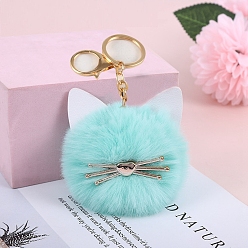 Cyan Faux Fur Cat Pendant Keychain, Cute Glitter Kitten Golden Tone Alloy Key Ring Ornament, Cyan, 15x8cm
