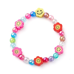 Colorful Handmade Polymer Clay Beads Stretch Bracelets for Kids, with Eco-Friendly Transparent Acrylic Beads, Flower, Colorful, Inner Diameter: 1-3/4 inch(4.5cm)